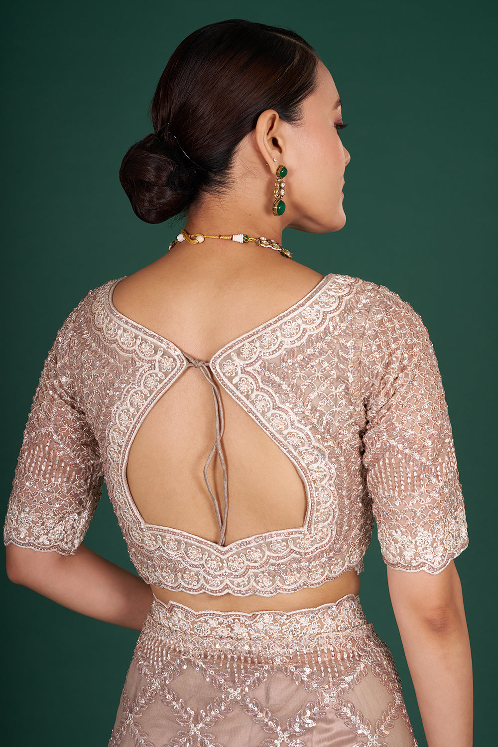 Champagne Net Embroidered Saree with Geometric Pattern and Stitched Blouse