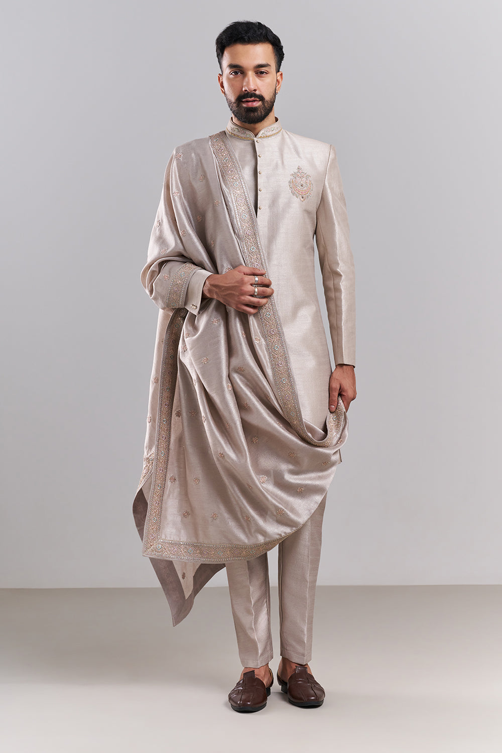 Light Nude Art Silk Embroidered Sherwani