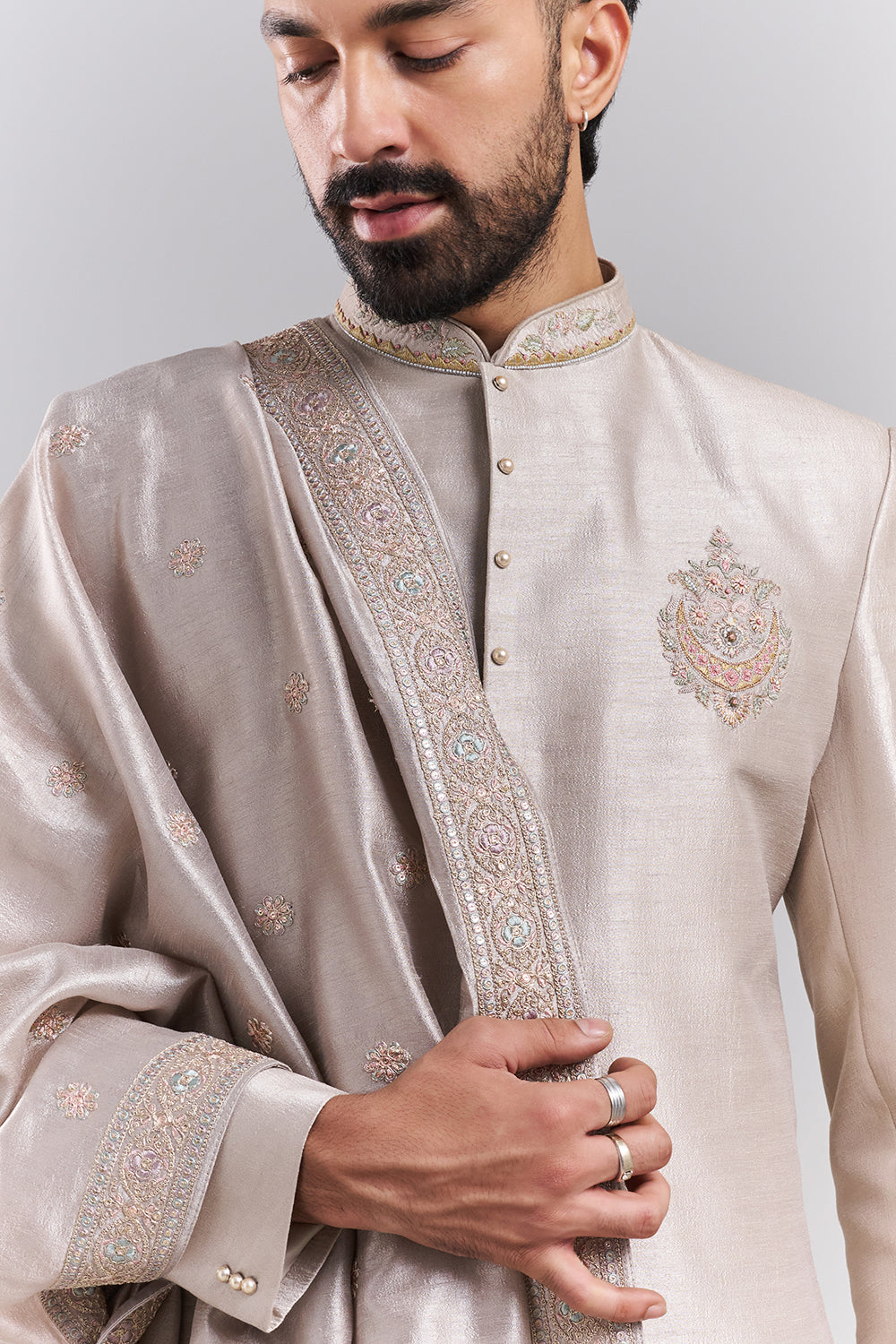 Light Nude Art Silk Embroidered Sherwani