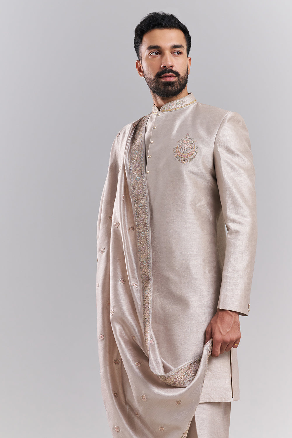 Light Nude Art Silk Embroidered Sherwani