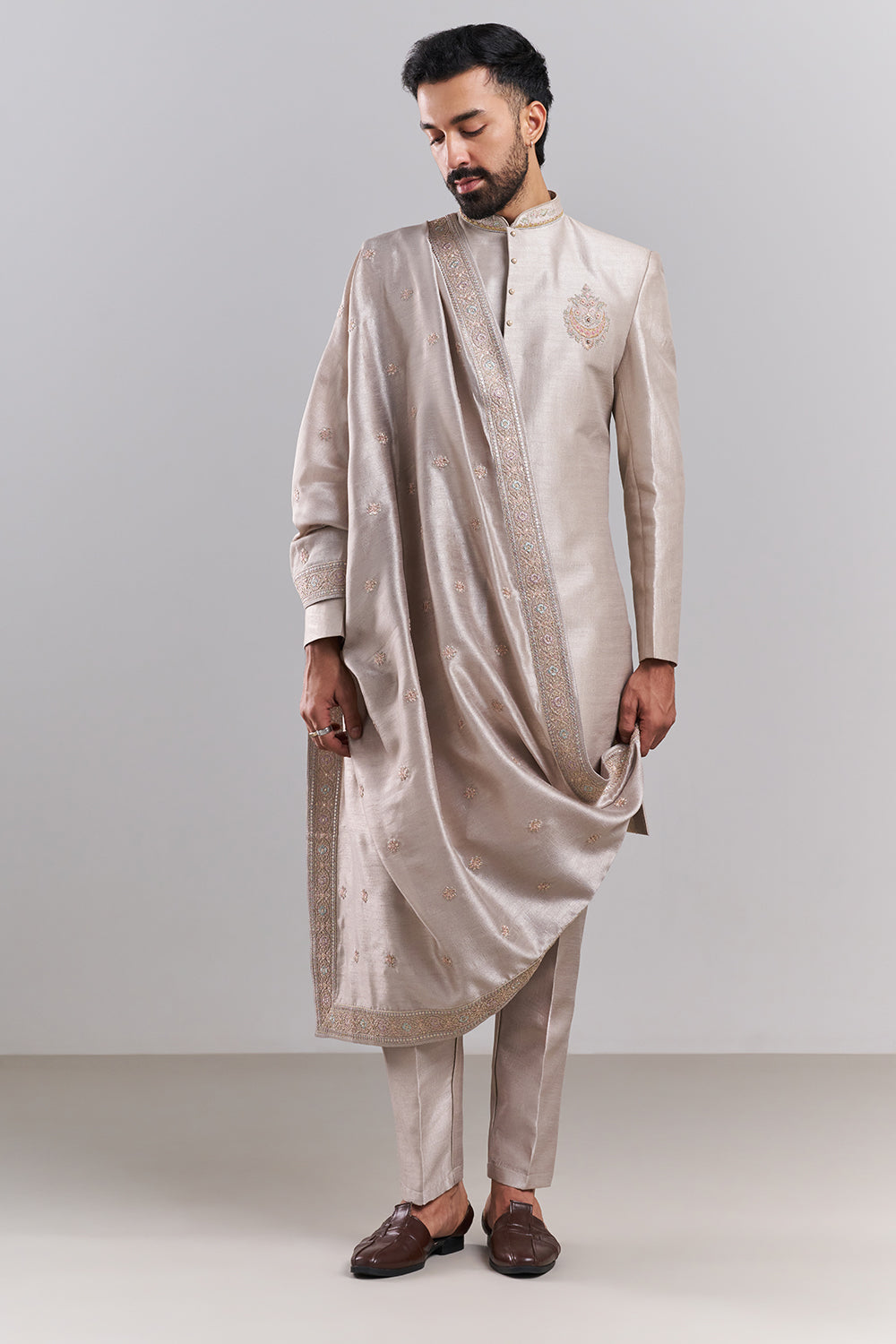 Light Nude Art Silk Embroidered Sherwani