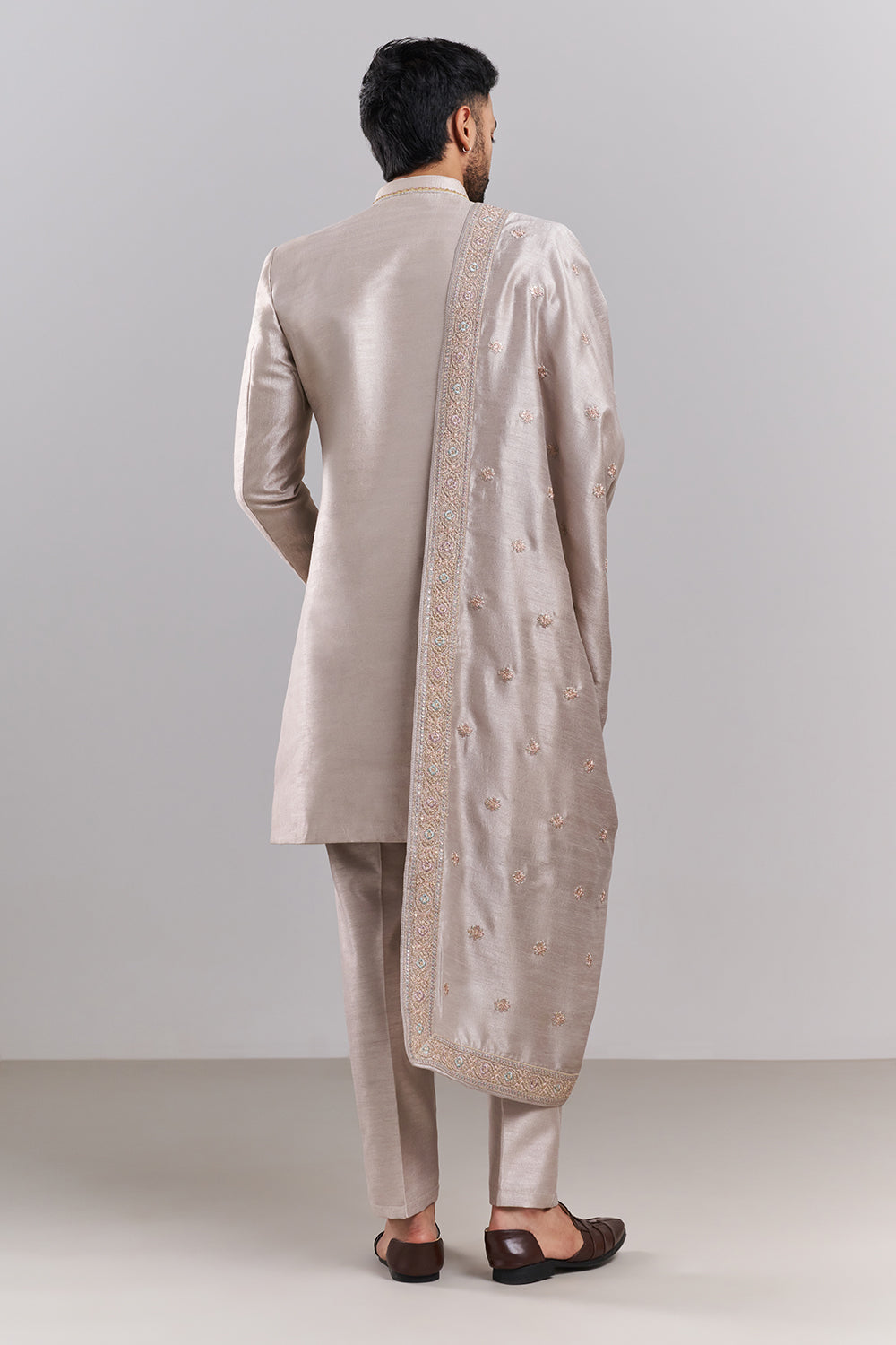 Light Nude Art Silk Embroidered Sherwani