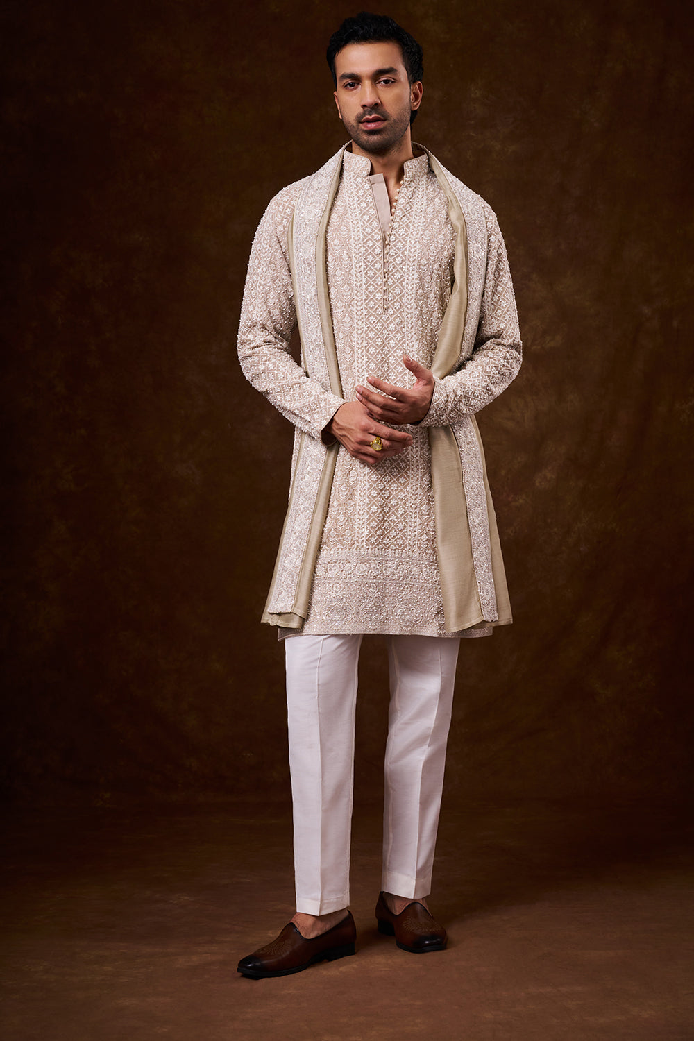Light Nude Georgette Men's Kurta Set with Zari Work