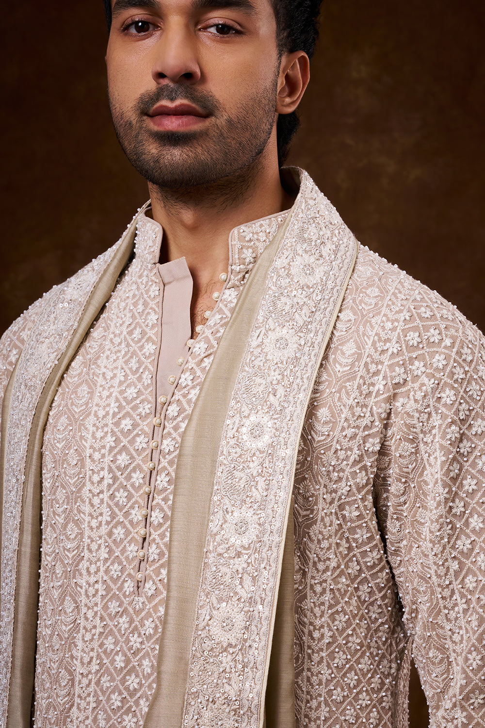 Light Nude Georgette Men's Kurta Set with Zari Work