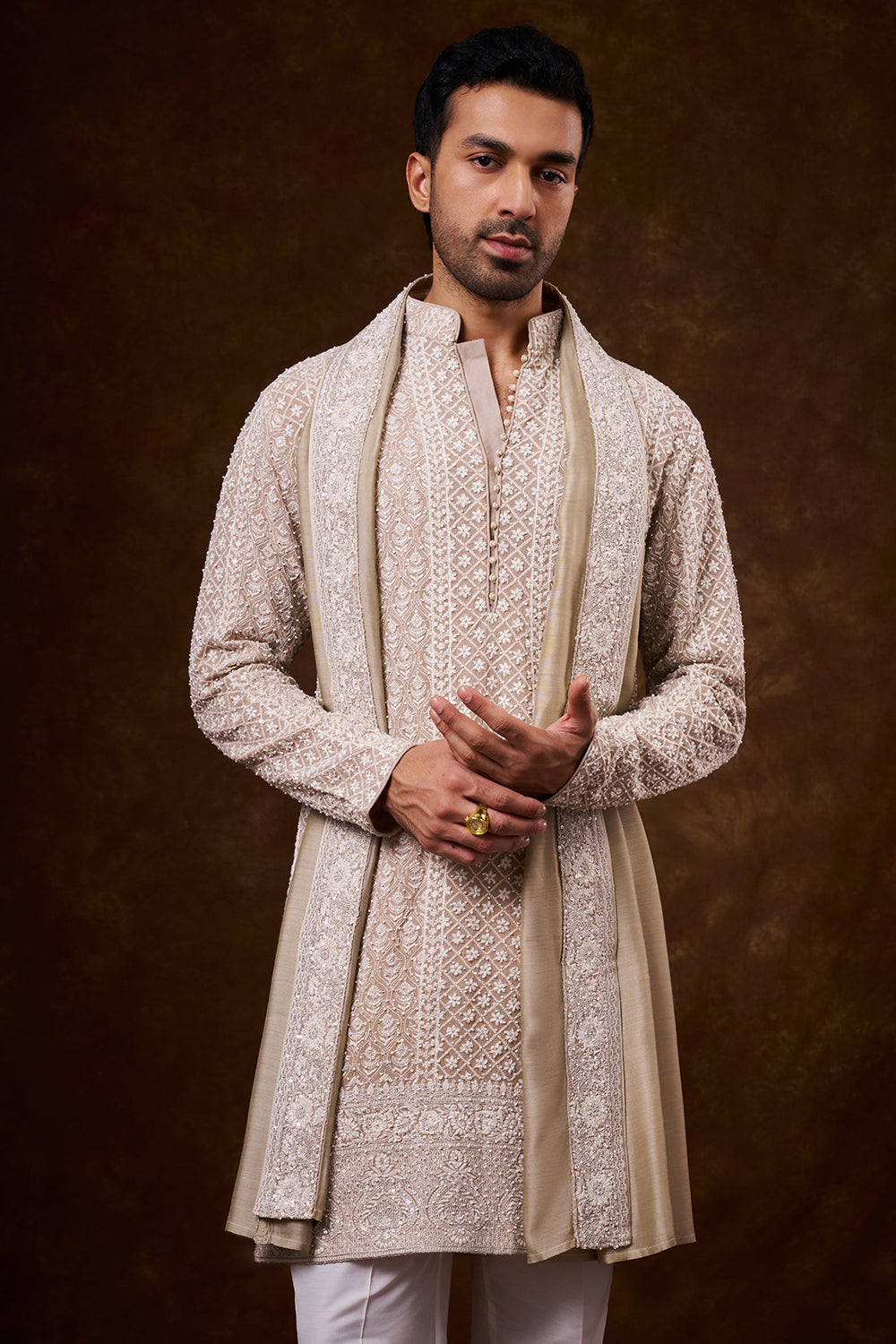 Light Nude Georgette Men's Kurta Set with Zari Work