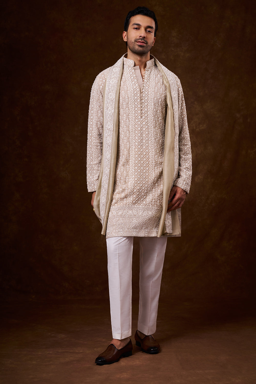 Light Nude Georgette Men's Kurta Set with Zari Work
