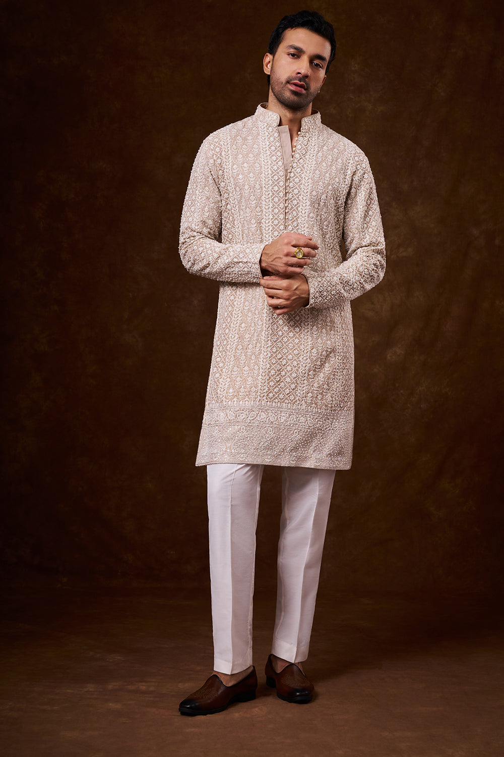 Light Nude Georgette Men's Kurta Set with Zari Work