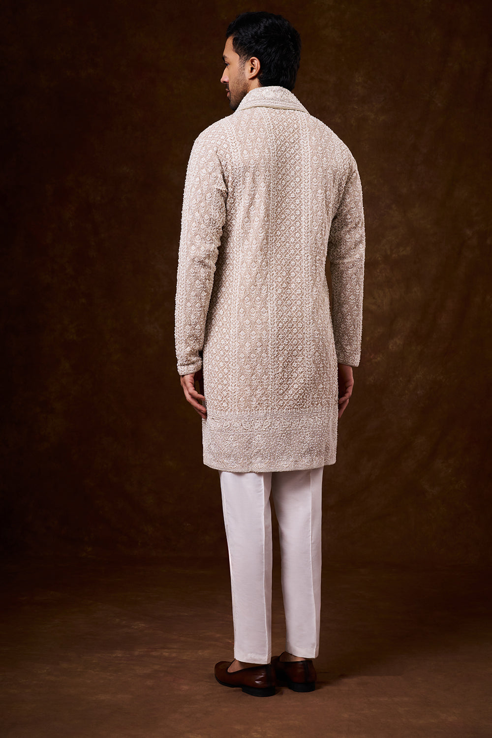 Light Nude Georgette Men's Kurta Set with Zari Work