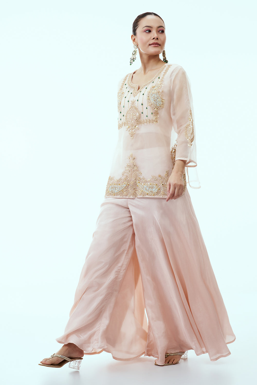 Light Peach Organza Short Kurti with Palazzo pants
