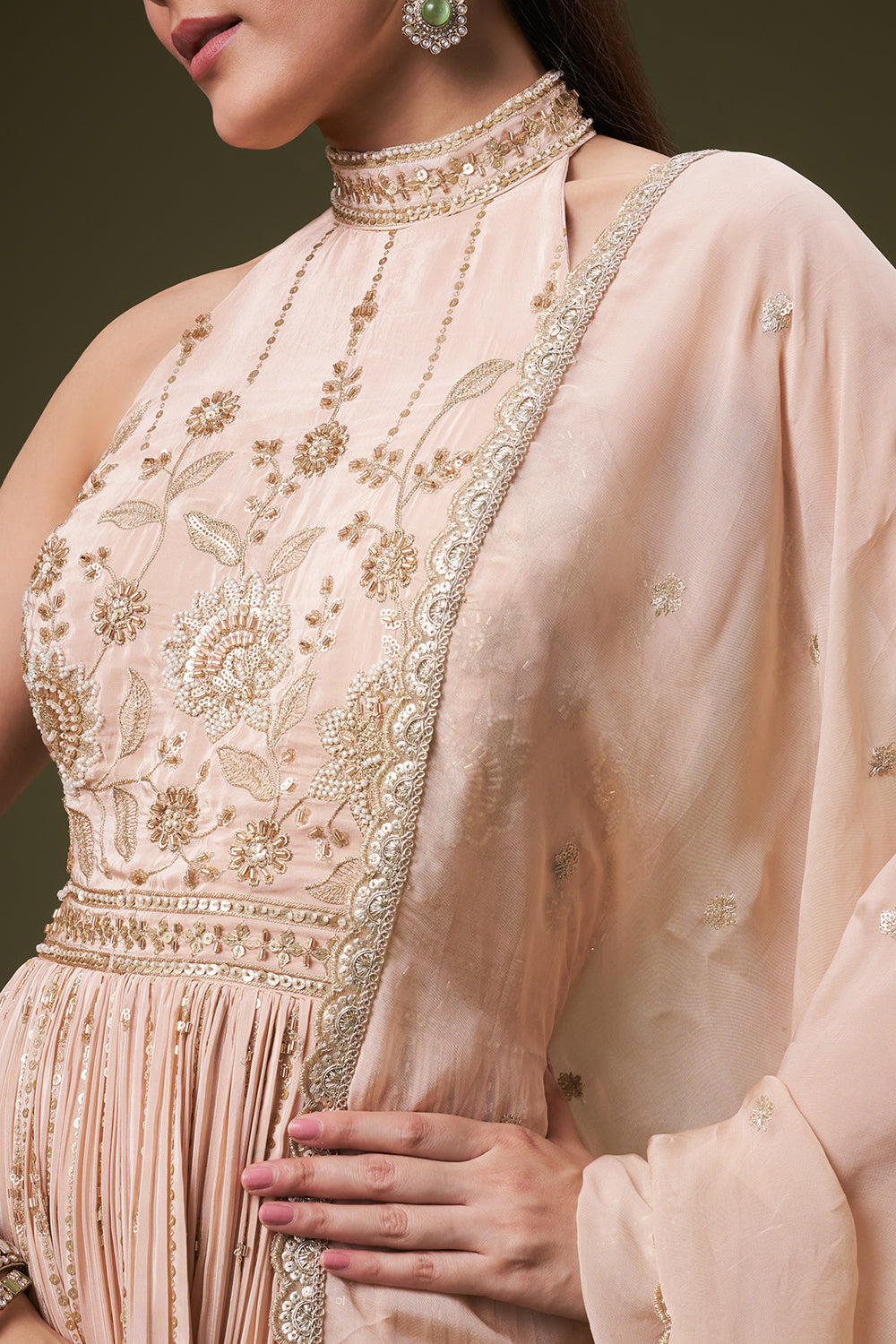 Light Peach Crepe Anarkali Gown with Cutdana and Sequin Work