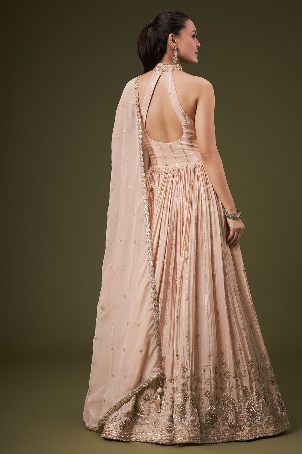 Light Peach Crepe Anarkali Gown with Cutdana and Sequin Work