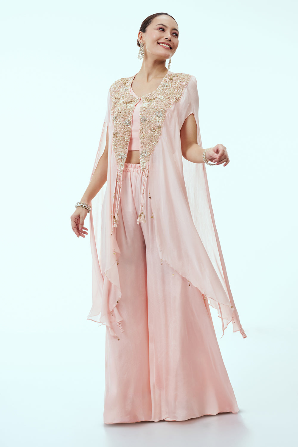 Light Peach Crepe Indo Western Kaftan Palazzo Set with Zardosi Work