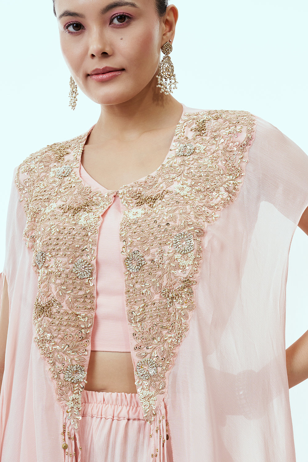 Light Peach Crepe Indo Western Kaftan Palazzo Set with Zardosi Work