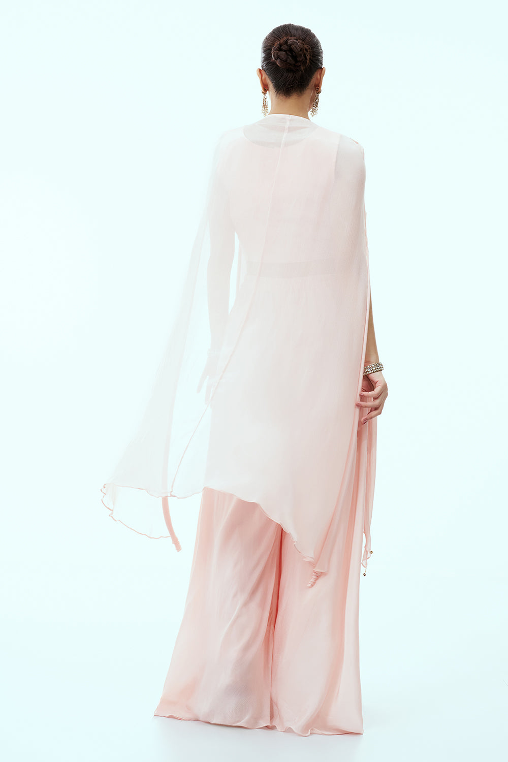 Light Peach Crepe Indo Western Kaftan Palazzo Set with Zardosi Work