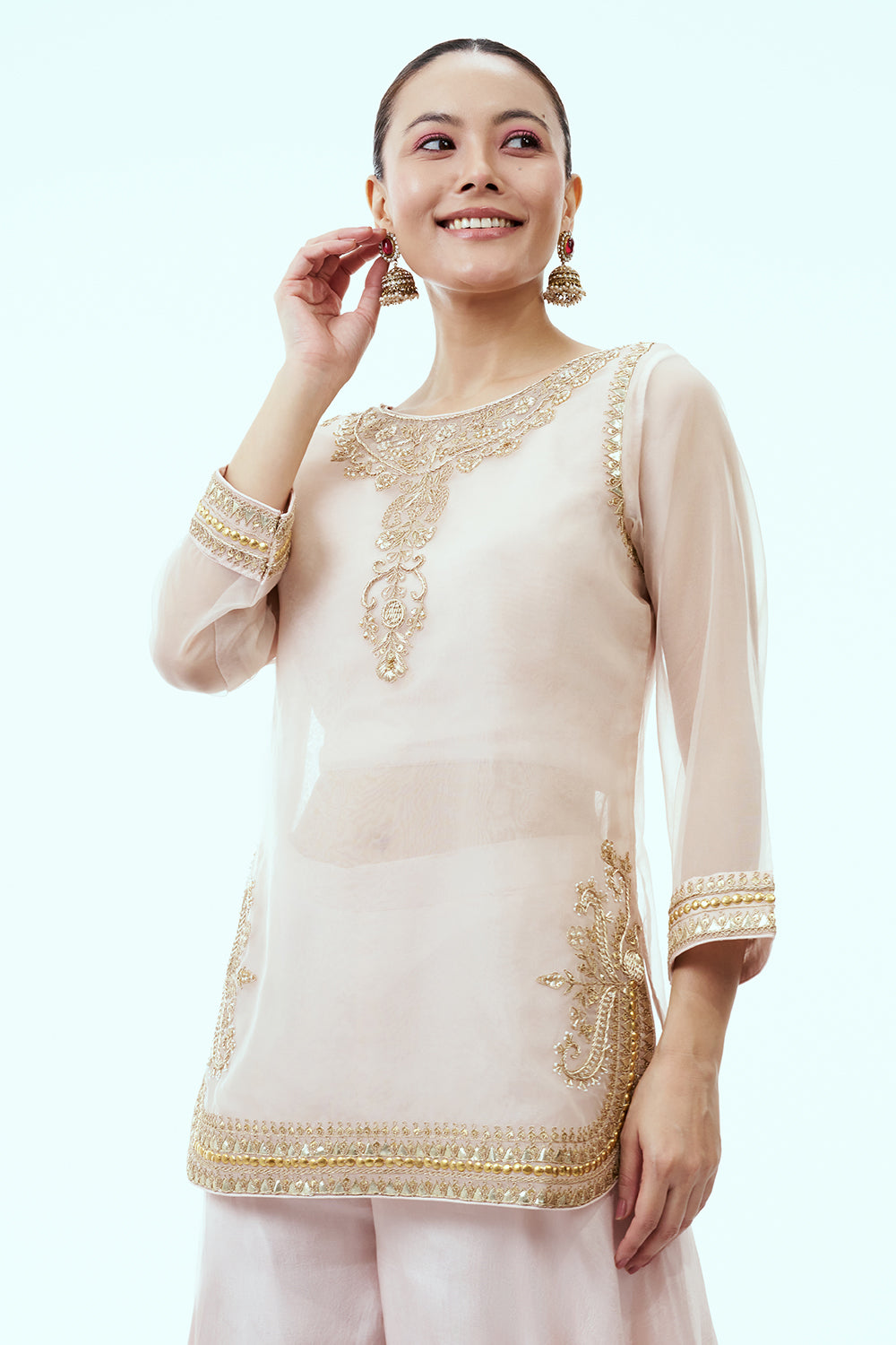 Light Peach Organza Palazzo Set with Dori and Zardosi Work