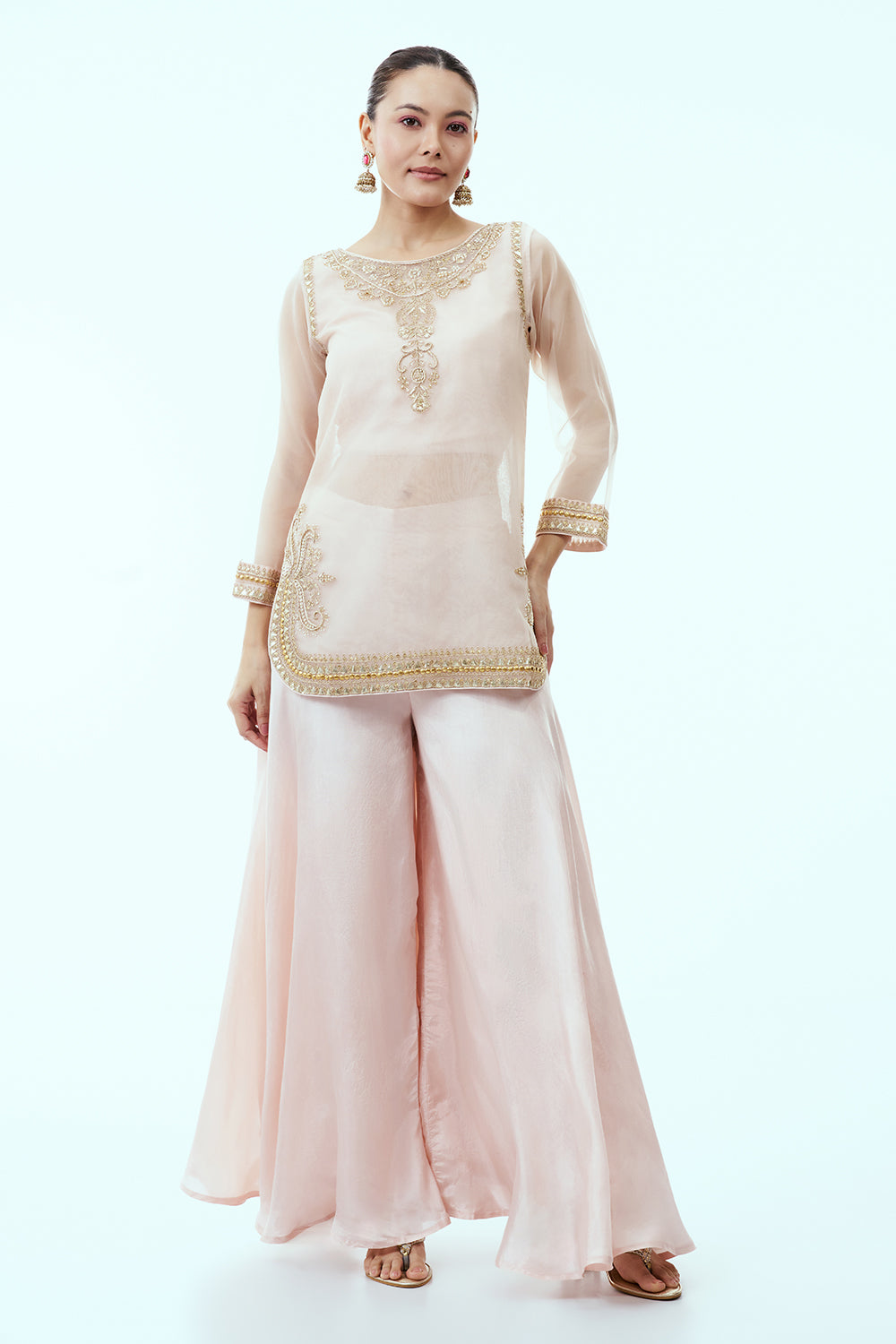 Light Peach Organza Palazzo Set with Dori and Zardosi Work