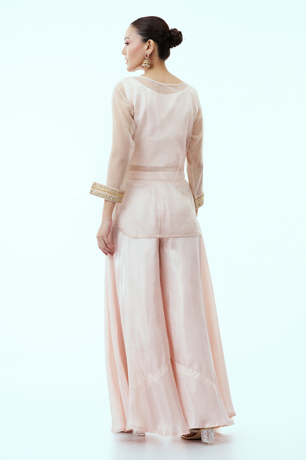 Light Peach Organza Palazzo Set with Dori and Zardosi Work