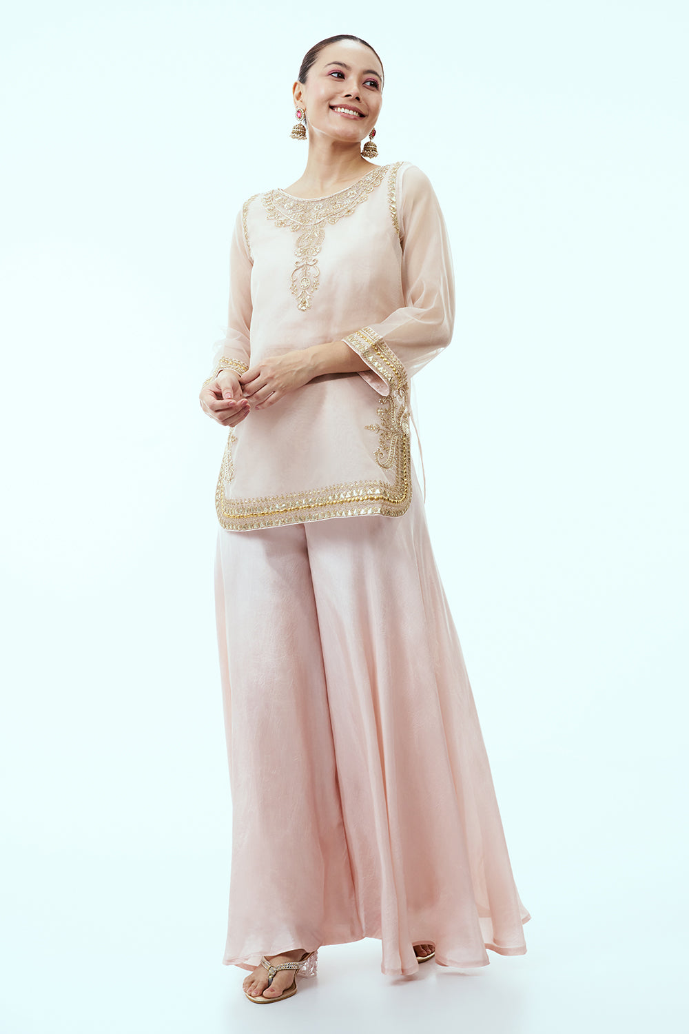 Light Peach Organza featuring Dori and Zardosi work with Palazzo Pants