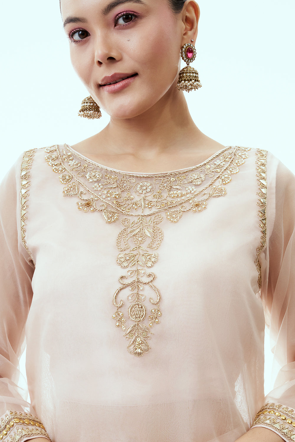 Light Peach Organza featuring Dori and Zardosi work with Palazzo Pants