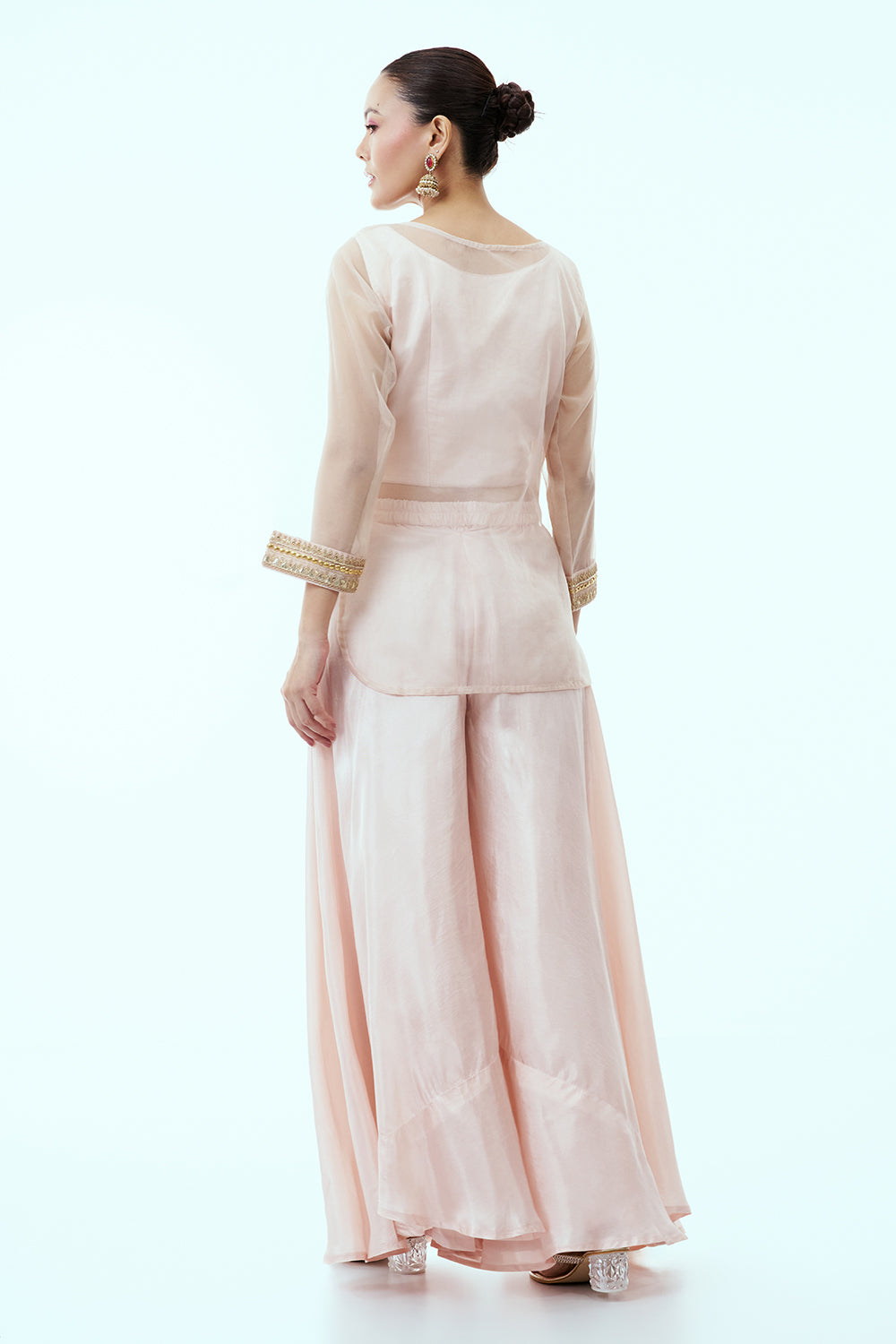 Light Peach Organza featuring Dori and Zardosi work with Palazzo Pants