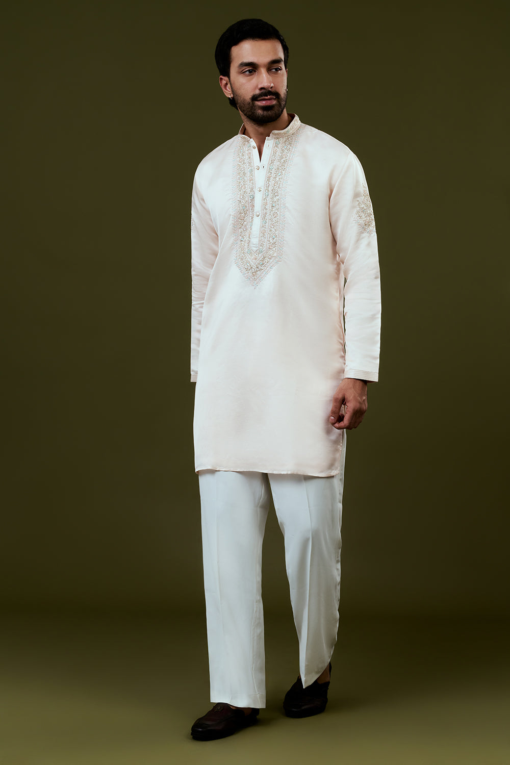 Light Peach Silk Mens Kurta Set with Resham and Hand Embroidery
