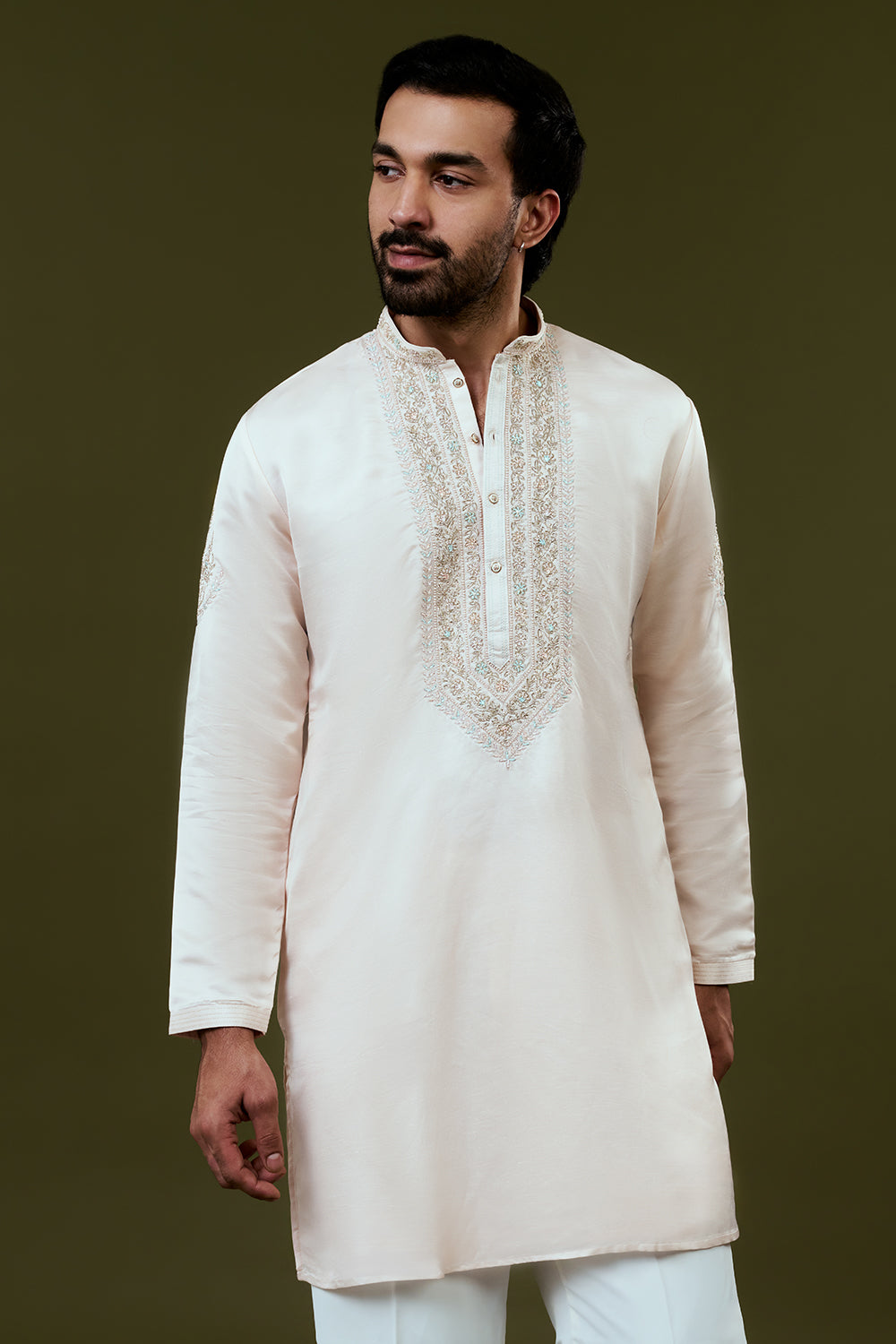 Light Peach Silk Mens Kurta Set with Resham and Hand Embroidery