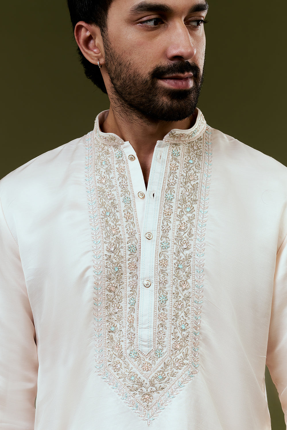 Light Peach Silk Mens Kurta Set with Resham and Hand Embroidery