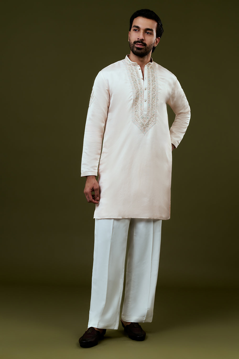 Light Peach Silk Mens Kurta Set with Resham and Hand Embroidery