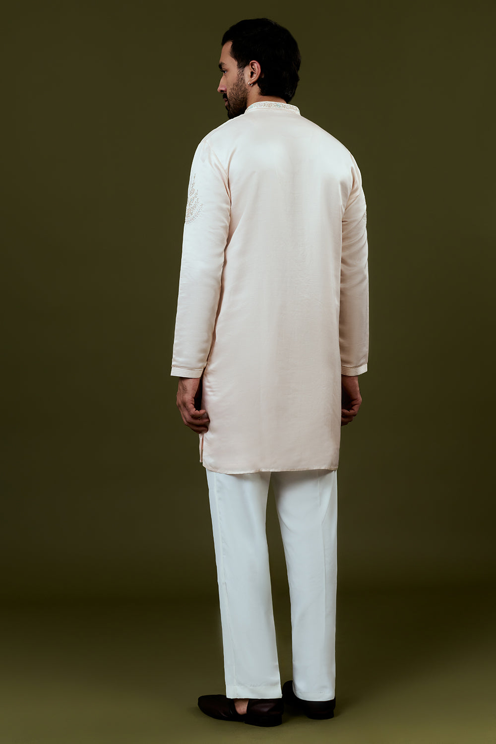 Light Peach Silk Mens Kurta Set with Resham and Hand Embroidery