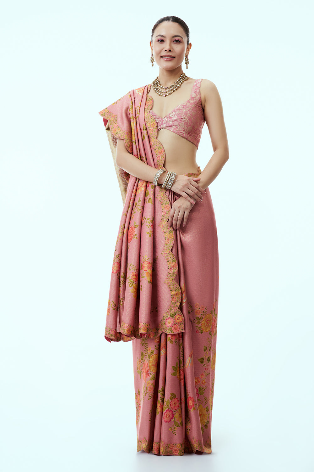 Light Pink Banarasi Brocade Silk Woven Saree with Floral Print and Unstitched Blouse