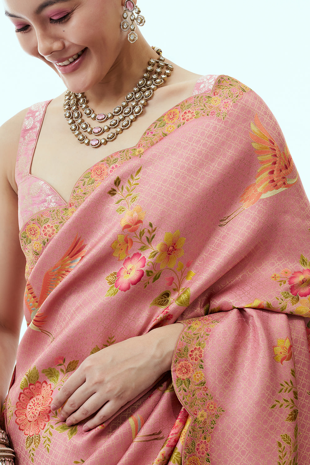 Light Pink Banarasi Brocade Silk Woven Saree with Floral Print and Unstitched Blouse