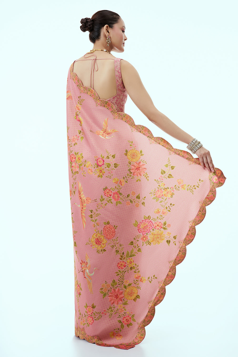Light Pink Banarasi Brocade Silk Woven Saree with Floral Print and Unstitched Blouse