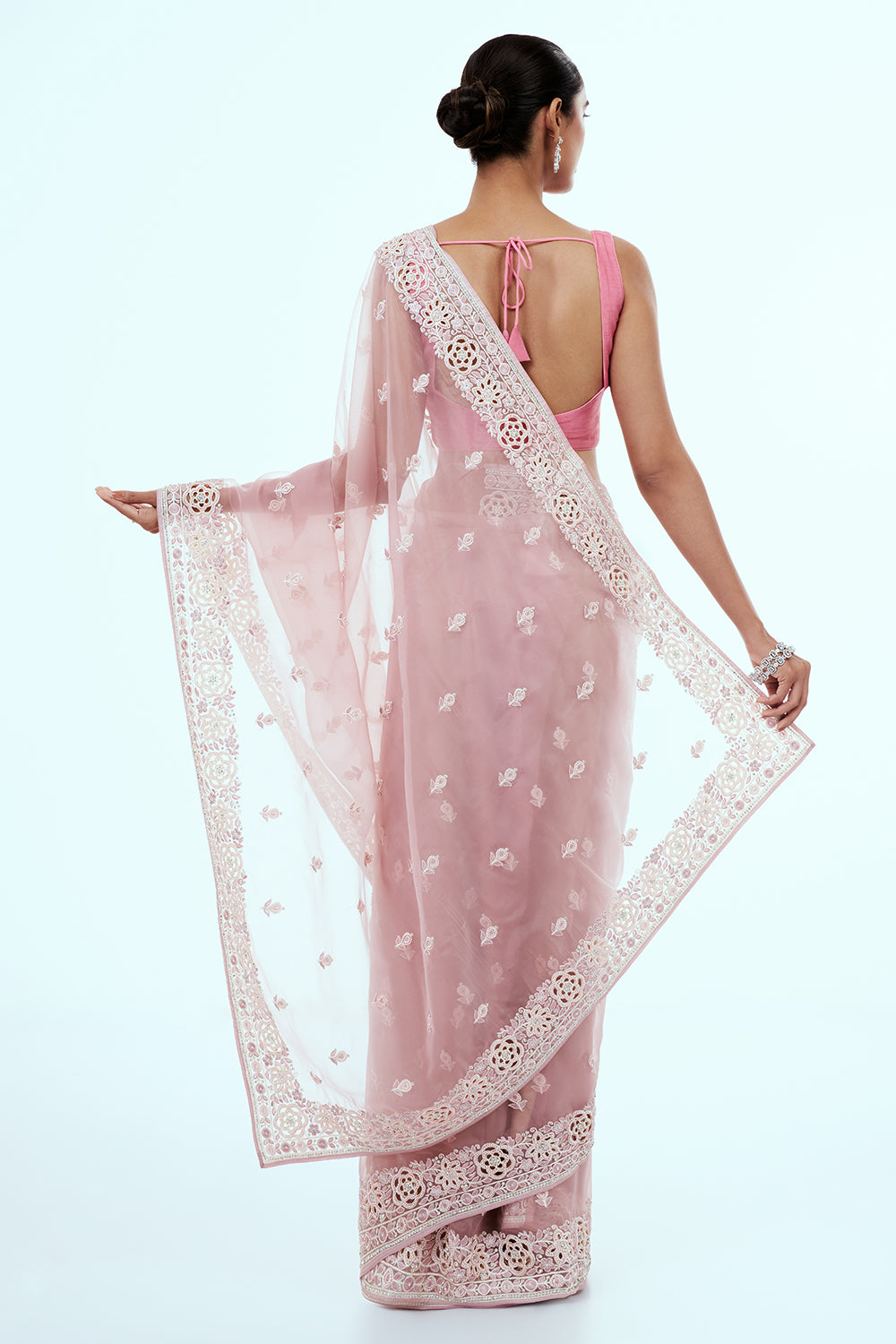 Light Pink Organza Embroidered Saree with Stone Work