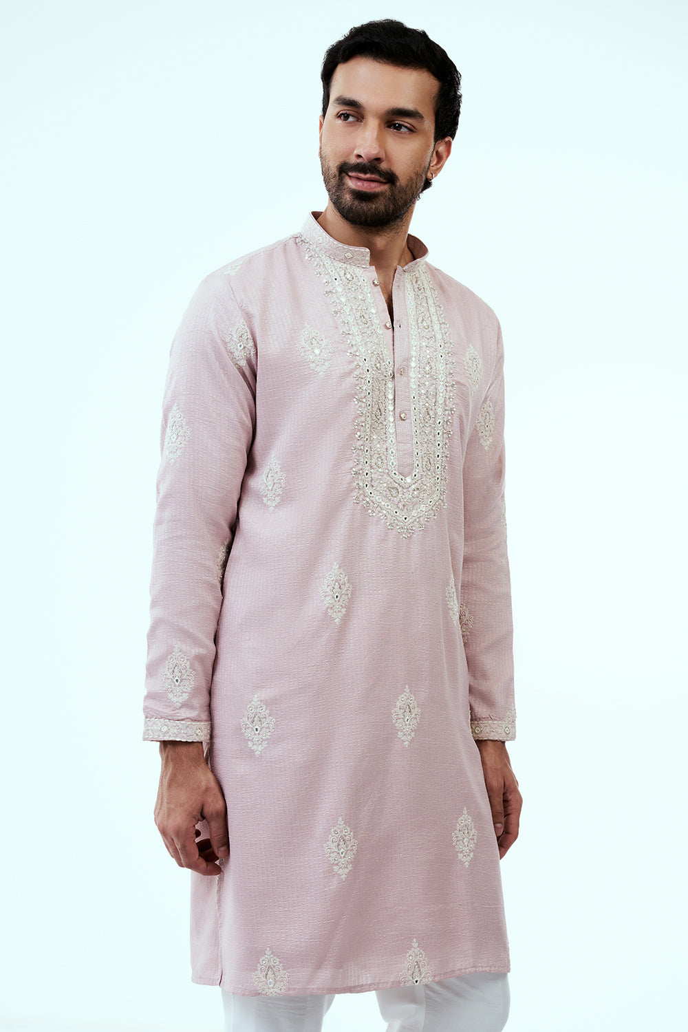 Light Pink Silk Mens Kurta Set with Resham and Mirror Work