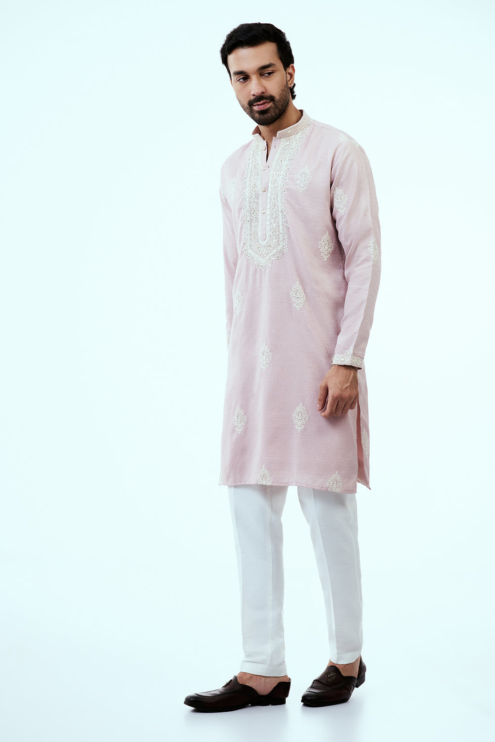 Light Pink Silk Mens Kurta Set with Resham and Mirror Work