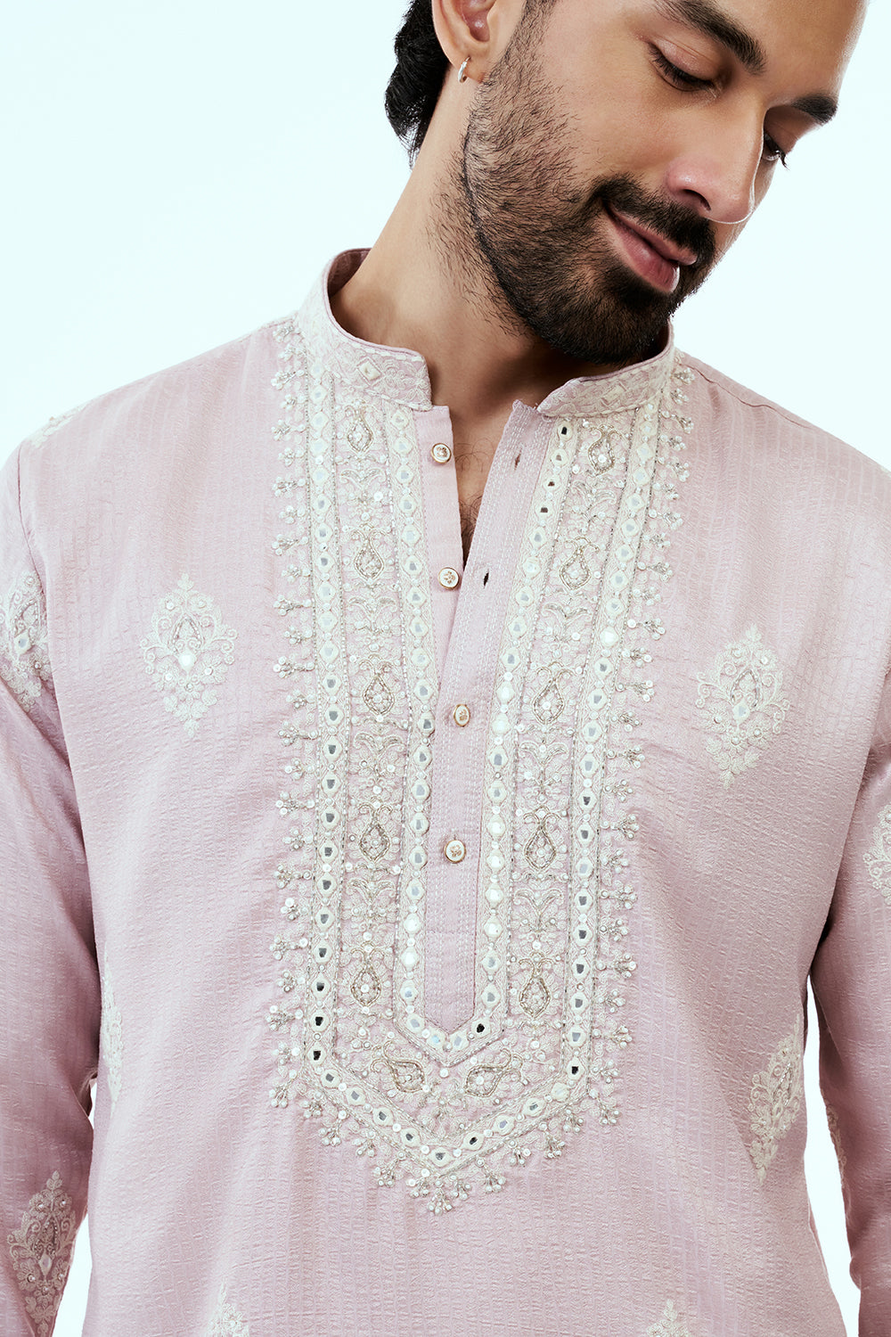 Light Pink Silk Mens Kurta Set with Resham and Mirror Work