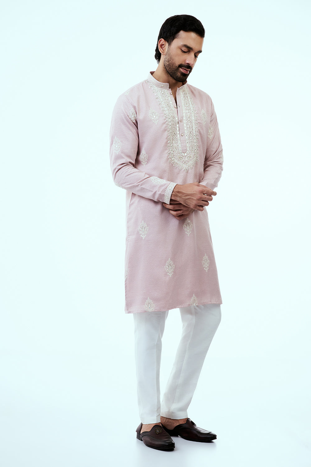 Light Pink Silk Mens Kurta Set with Resham and Mirror Work