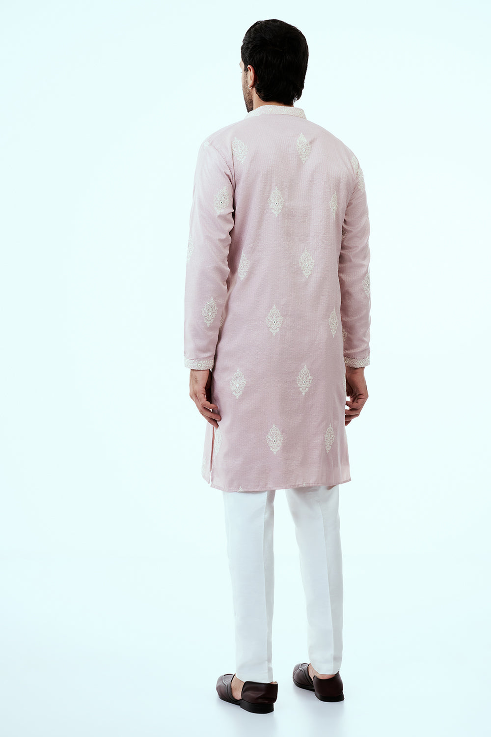 Light Pink Silk Mens Kurta Set with Resham and Mirror Work