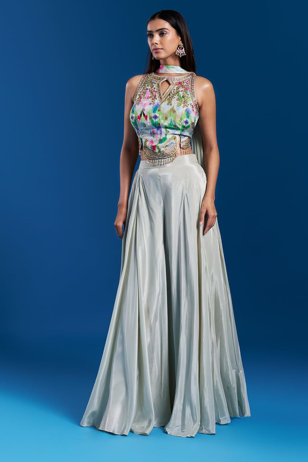 Light Pista Green Palazzo Set with Cutdana Work