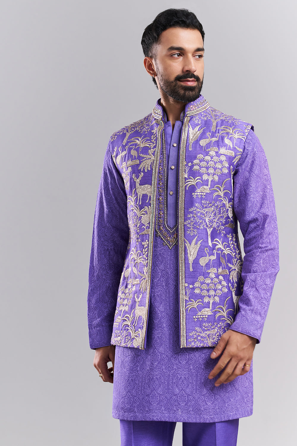 Light Purple Art Silk Embroidered Men’s Kurta with Jacket
