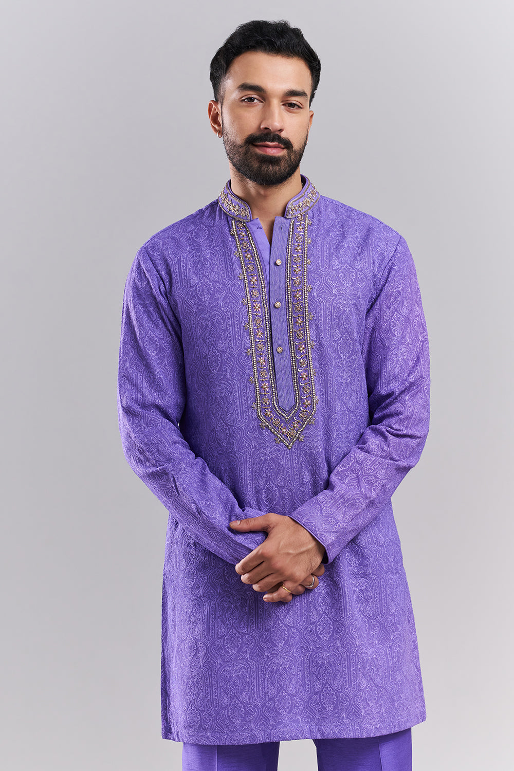 Light Purple Art Silk Embroidered Men’s Kurta with Jacket