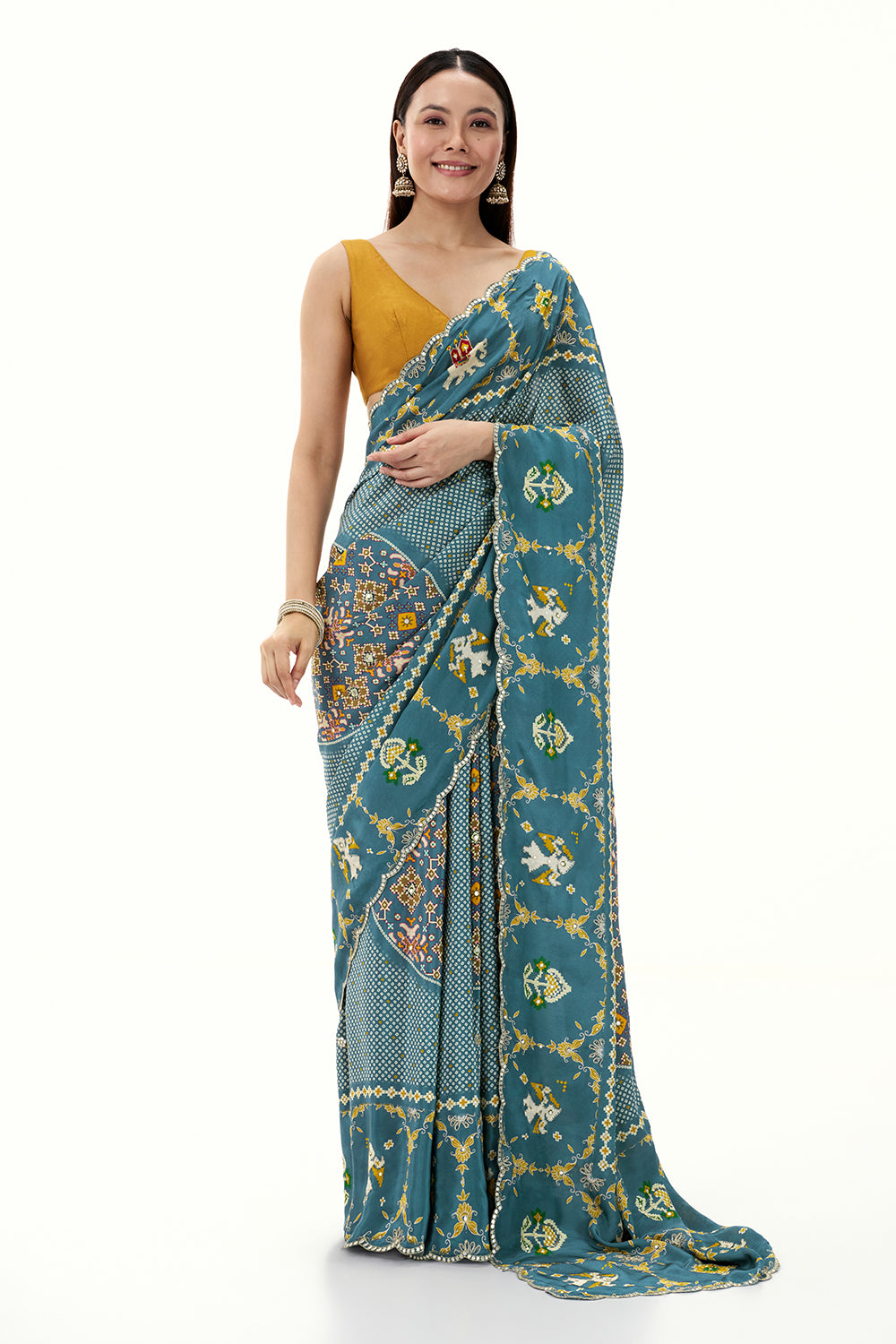 Light Teal Blue Crepe Bandhani and Patola Printed Saree with Mirror Work
