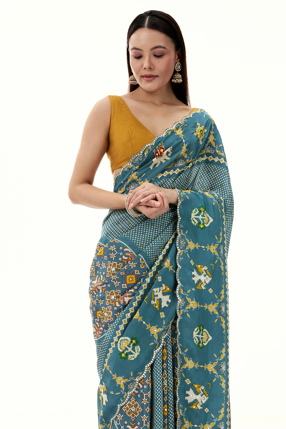 Light Teal Blue Crepe Bandhani and Patola Printed Saree with Mirror Work
