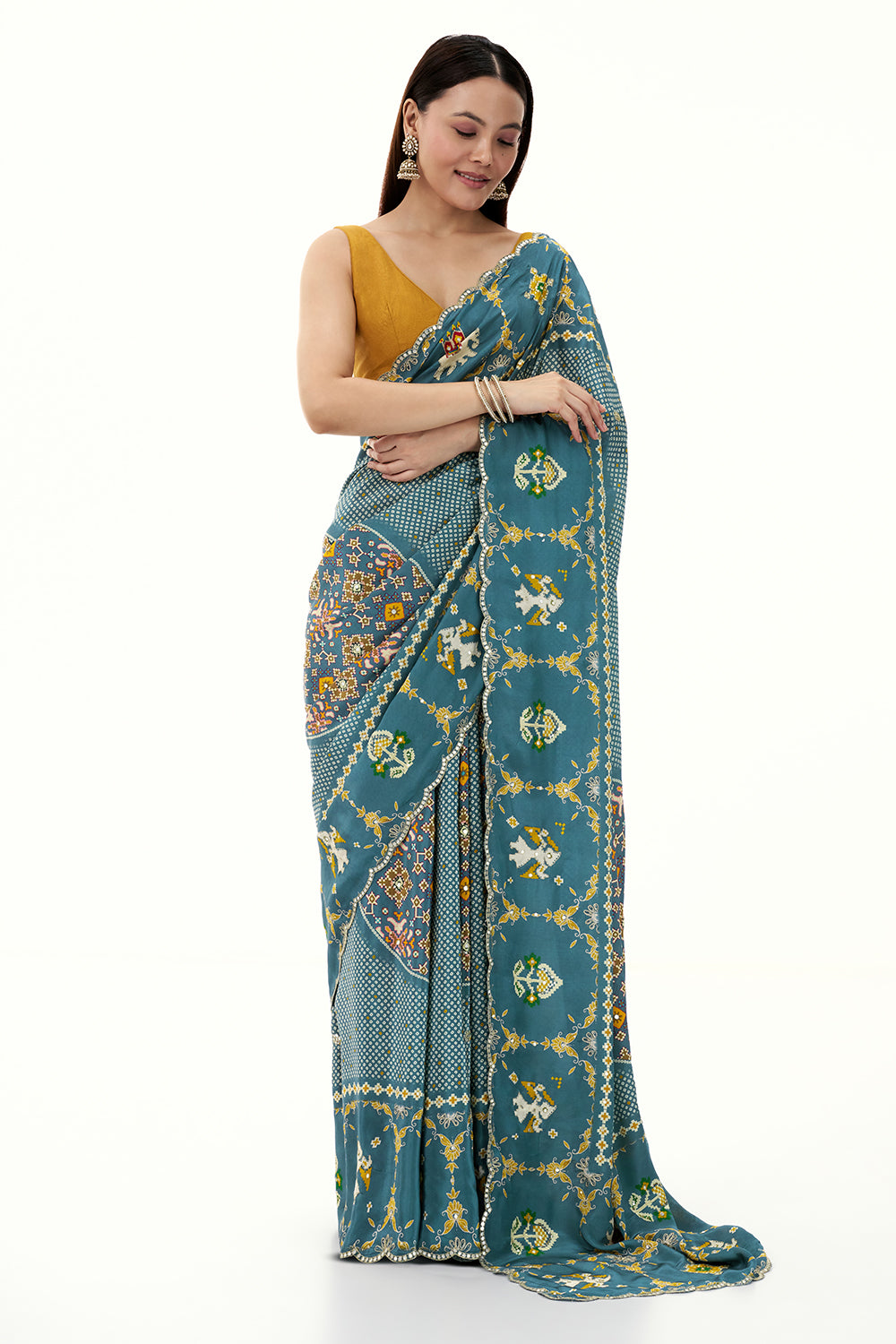 Light Teal Blue Crepe Bandhani and Patola Printed Saree with Mirror Work