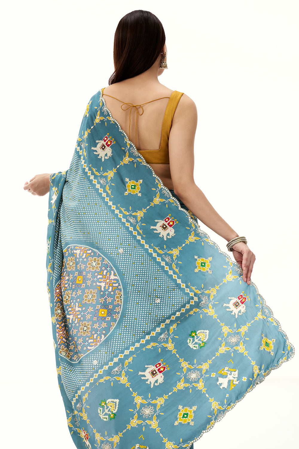 Light Teal Blue Crepe Bandhani and Patola Printed Saree with Mirror Work