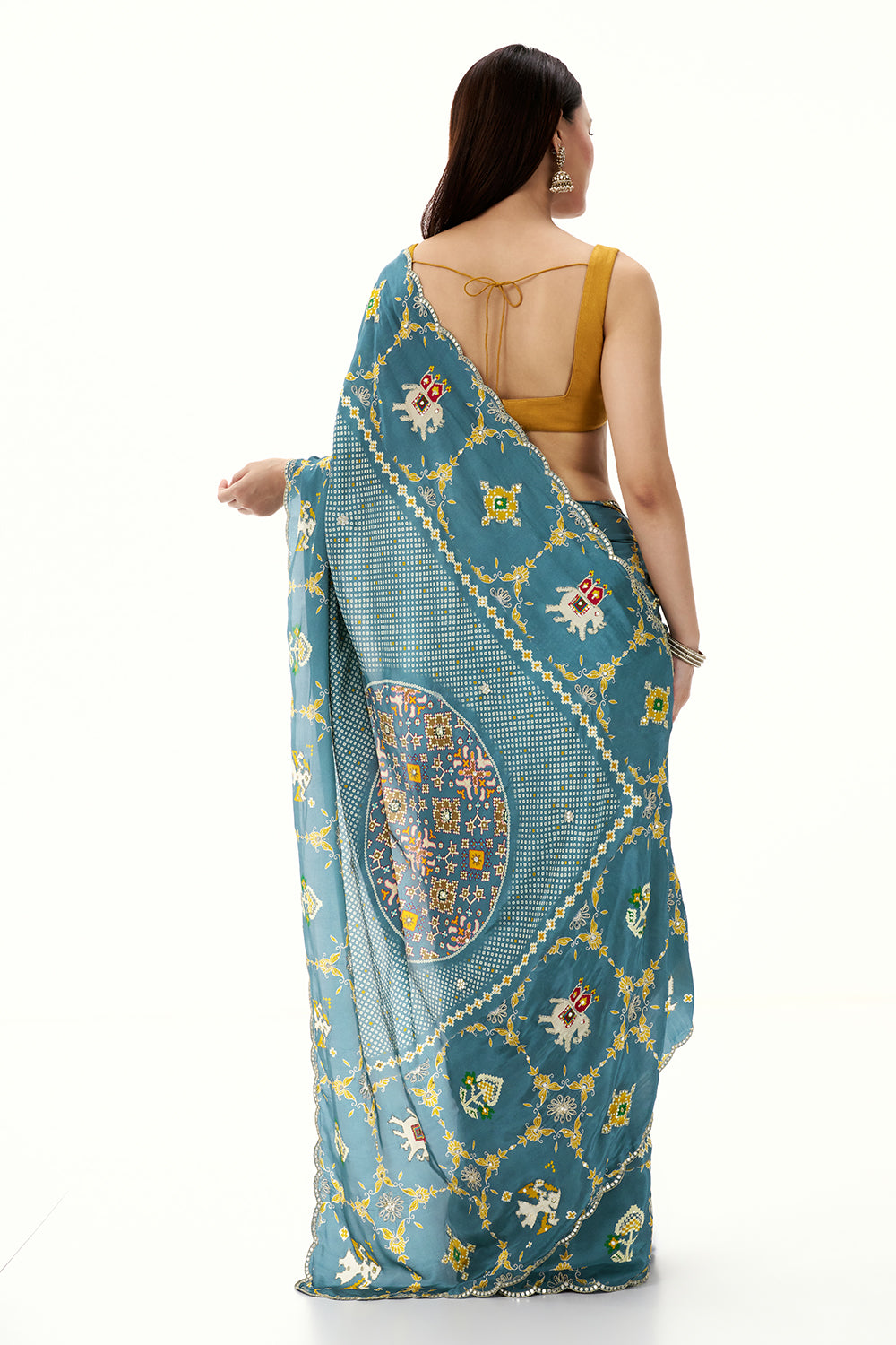 Light Teal Blue Crepe Bandhani and Patola Printed Saree with Mirror Work
