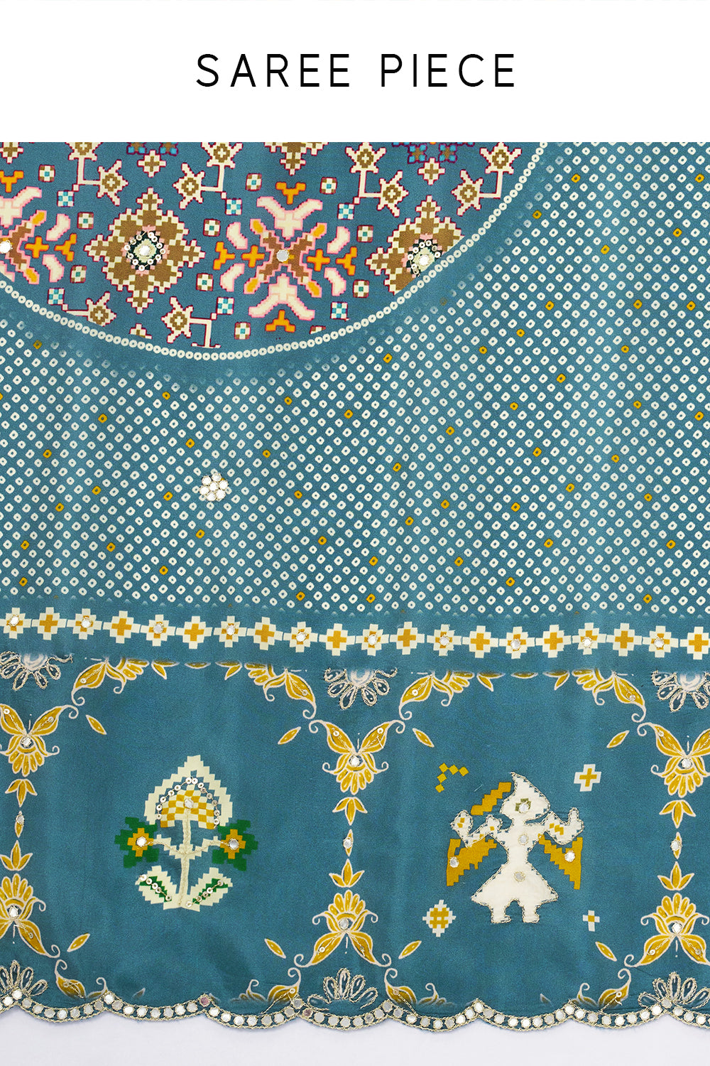 Light Teal Blue Crepe Bandhani and Patola Printed Saree with Mirror Work