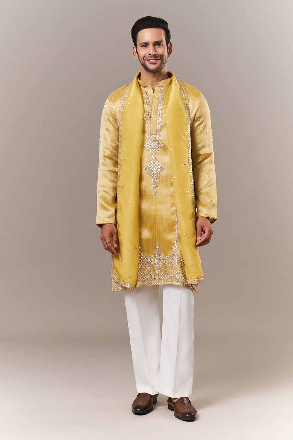 Light Yellow Brocade Mens Kurta Set with Mirror Work