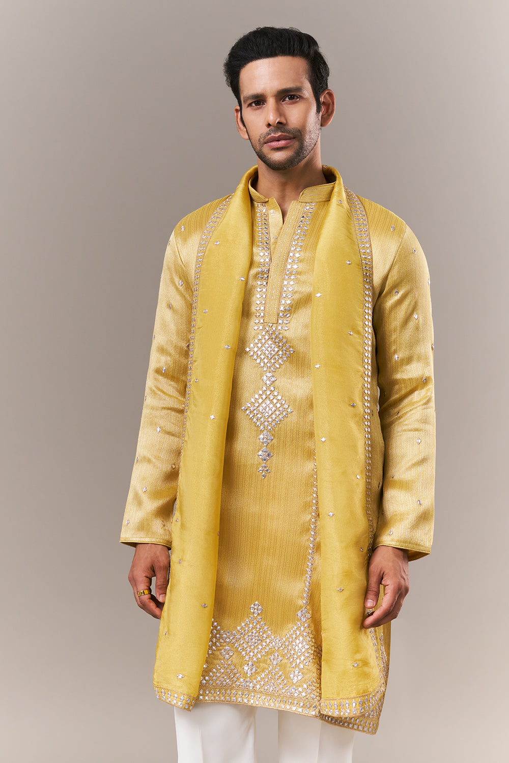 Light Yellow Brocade Mens Kurta Set with Mirror Work