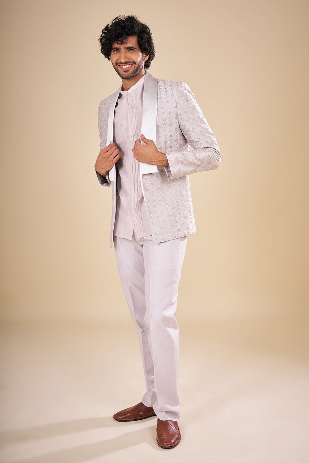 Lilac and Silver Satin Jacket Set with Sequin Work
